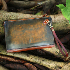 Handmade Blue Leather Clutch Wristlet Bag Wallet Zipper Large Clutch Wristlet Wallet for Men