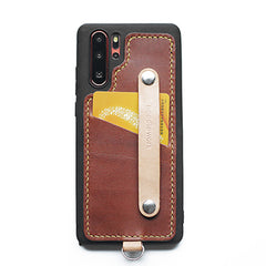 Handmade Orange Leather Huawei P30 Case with Card Holder CONTRAST COLOR Huawei P30 Leather Case - iwalletsmen