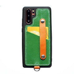 Handmade Green Leather Huawei P30 Case with Card Holder CONTRAST COLOR Huawei P30 Leather Case - iwalletsmen