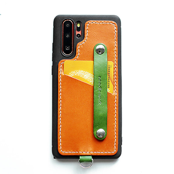 Handmade Orange Leather Huawei P30 Case with Card Holder CONTRAST COLOR Huawei P30 Leather Case - iwalletsmen