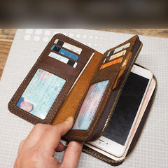 Handmade Leather Mens Bifold Long Wallet Checkbook Clutch Wallet Lots Cards Long Wallet for Men - iwalletsmen