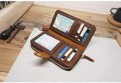 Handmade Leather Mens Bifold Long Wallet Checkbook Clutch Wallet Lots Cards Long Wallet for Men - iwalletsmen