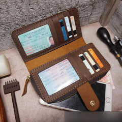 Handmade Leather Mens Bifold Long Wallet Checkbook Clutch Wallet Lots Cards Long Wallet for Men - iwalletsmen