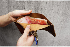 Handmade Brown Leather Mens Billfold Wallet Key Wallets Slim Trifold Key Holder Wallet for Men - iwalletsmen