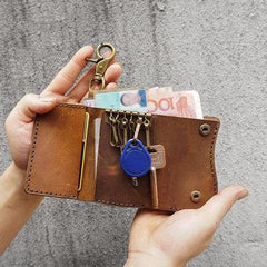 Handmade Brown Leather Mens Billfold Wallet Key Wallets Slim Trifold Key Holder Wallet for Men - iwalletsmen