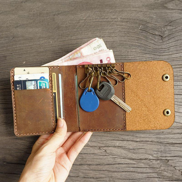 Handmade Leather Mens Trifold Billfold Wallet Key Wallets Brown Slim Key Holder Wallet for Men - iwalletsmen
