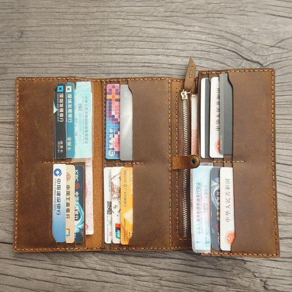 Handmade Leather Mens Trifold long Wallet Lots Cards Checkbook Long Wallet for Men - iwalletsmen