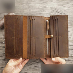 Handmade Leather Mens Trifold long Wallet Lots Cards Checkbook Long Wallet for Men - iwalletsmen