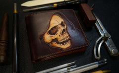 Handmade Leather Skull Tooled Mens Billfold Wallet Death Leather Wallet Slim Wallet for Men - iwalletsmen