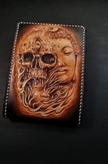 Handmade Leather Skull and Buddha Tooled Mens billfold Wallet Cool Leather Card Wallet Slim Wallet for Men - iwalletsmen