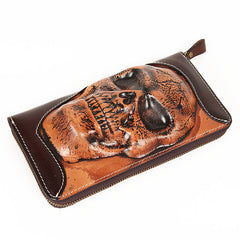 Handmade Black Leather Tooled Relief Skull Long Wallet Cool Skull Zipper Clutch Wristlet Wallet for Men