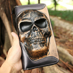 Handmade Coffee Leather Tooled Relief Skull Long Wallet Cool Skull Zipper Clutch Wristlet Wallet for Men