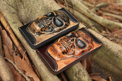 Handmade Leather Tooled Relief Skull Long Wallet Cool Skull Zipper Clutch Wristlet Wallet for Men