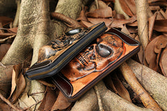 Handmade Leather Tooled Relief Skull Long Wallet Cool Skull Zipper Clutch Wristlet Wallet for Men