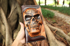 Handmade Black Leather Tooled Relief Skull Long Wallet Cool Skull Zipper Clutch Wristlet Wallet for Men