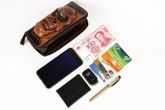 Handmade Leather Tooled Relief Skull Long Wallet Cool Skull Zipper Clutch Wristlet Wallet for Men