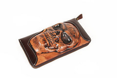 Handmade Black Leather Tooled Relief Skull Long Wallet Cool Skull Zipper Clutch Wristlet Wallet for Men