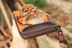 Handmade Leather Tooled Relief Skull Long Wallet Cool Skull Zipper Clutch Wristlet Wallet for Men