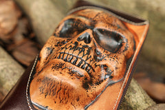 Handmade Coffee Leather Tooled Relief Skull Long Wallet Cool Skull Zipper Clutch Wristlet Wallet for Men