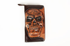 Handmade Black Leather Tooled Relief Skull Long Wallet Cool Skull Zipper Clutch Wristlet Wallet for Men