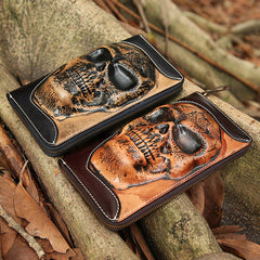 Handmade Black Leather Tooled Relief Skull Long Wallet Cool Skull Zipper Clutch Wristlet Wallet for Men