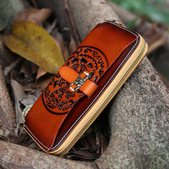 Handmade Leather Tooled Tibetan Totem Long Wallet Cool Zipper Clutch Wristlet Wallet for Men