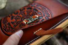 Handmade Leather Tooled Tibetan Totem Long Wallet Cool Zipper Clutch Wristlet Wallet for Men