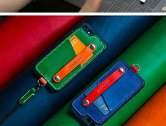 Handmade Green Leather iPhone SE2 SE Case with Card Holder CONTRAST COLOR iPhone SE Leather Case - iwalletsmen
