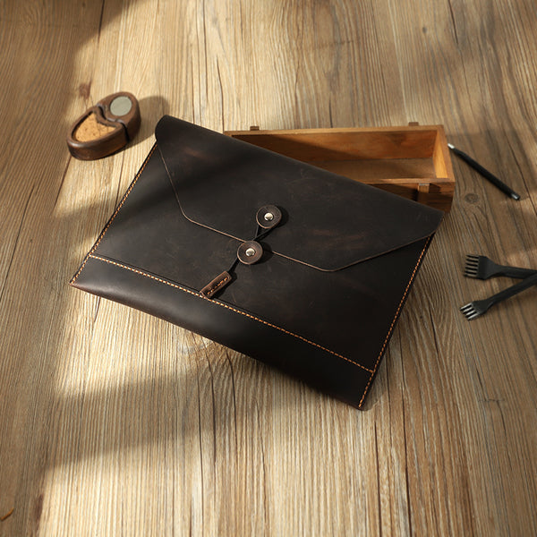 Handmade Coffee Mens Clutch A4 Envelope File Bag Personalized Coffee Leather Folder Purse for Men - iwalletsmen
