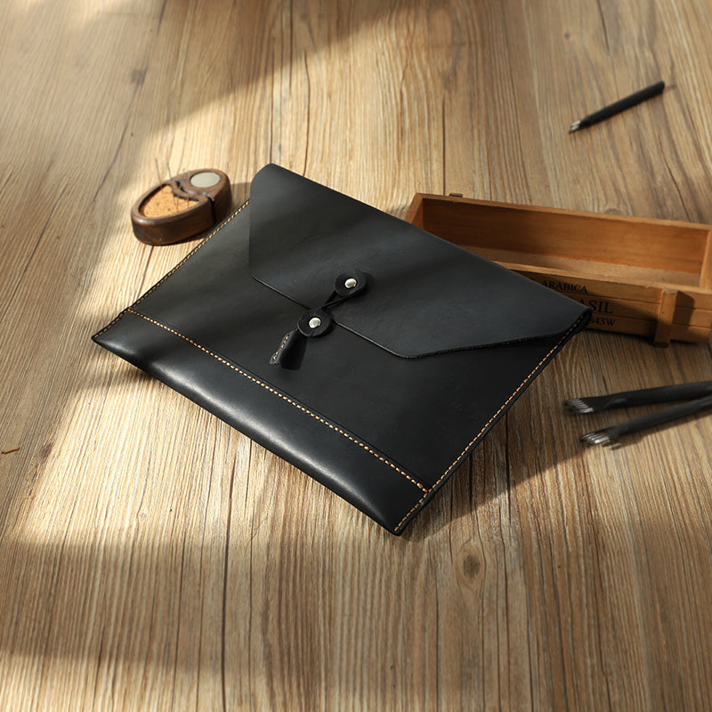 Handmade Black Mens Clutch A4 Envelope File Bag Personalized Black Leather Folder Purse for Men - iwalletsmen