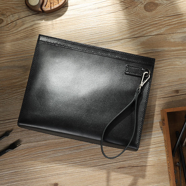 Handmade Mens Large Clutch Wallets Personalized Black Leather Wristlet Wallets for Men - iwalletsmen