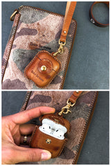 Handmade Brown Leather AirPods 1,2 Cases with Wristlet Strap Leather AirPods Cases Airpod Case Cover - iwalletsmen