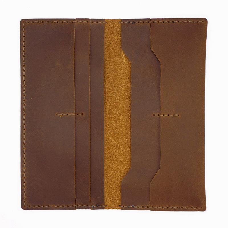 Handmade Slim Brown Leather Mens Bifold Long Wallet Lots Cards Long Wallet for Men - iwalletsmen