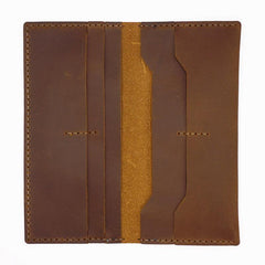 Handmade Slim Brown Leather Mens Bifold Long Wallet Lots Cards Long Wallet for Men - iwalletsmen