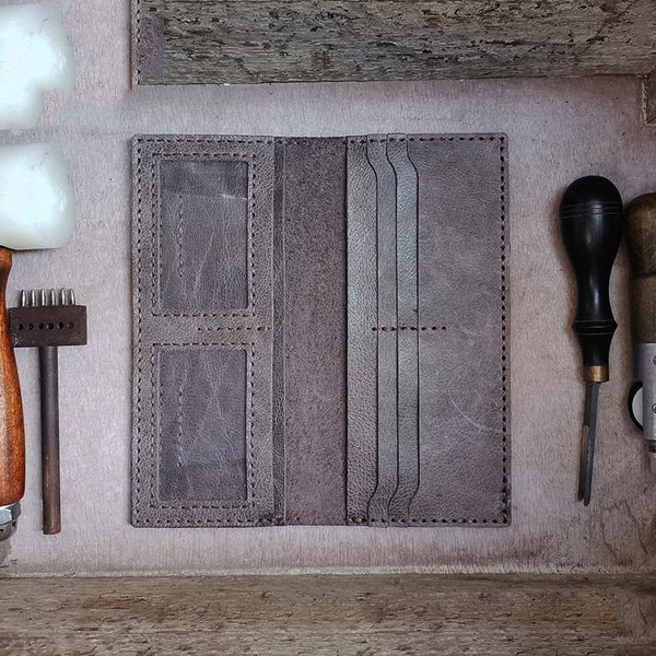 Handmade Slim Checkbook Wallet Coffee Leather Mens Bifold Long Wallet Lots Cards Long Wallet for Men - iwalletsmen