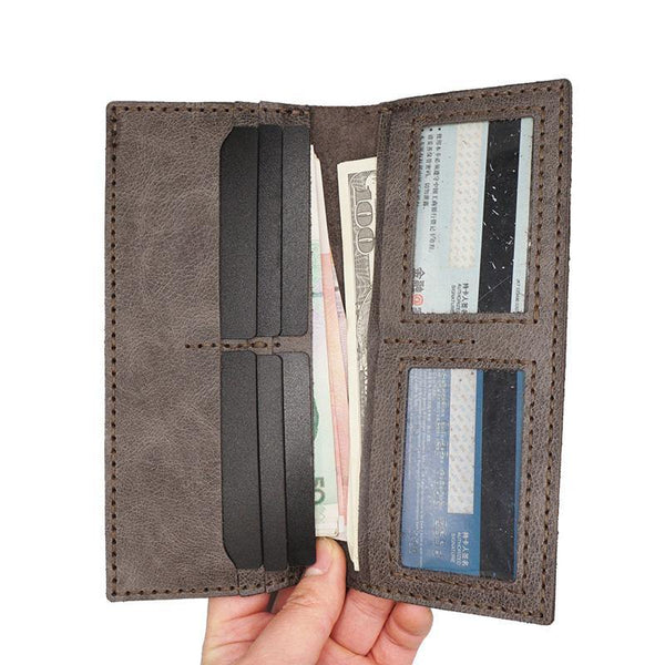 Handmade Slim Checkbook Wallet Khaki Leather Mens Bifold Long Wallet Lots Cards Long Wallet for Men - iwalletsmen