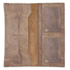 Handmade Slim Checkbook Wallet Khaki Leather Mens Bifold Long Wallet Lots Cards Long Wallet for Men - iwalletsmen