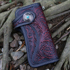 Handmade Tooled Red Leather Floral Biker Chain Wallet Mens Long Wallet with Chain for Men