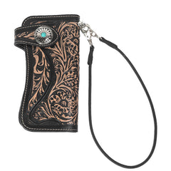 Handmade Tooled Tan Leather Floral Biker Chain Wallet Mens Long Wallet with Chain for Men