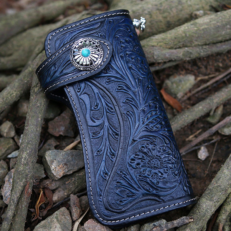 Handmade Tooled Leather Floral Biker Chain Wallet Mens Long Wallet with Chain for Men