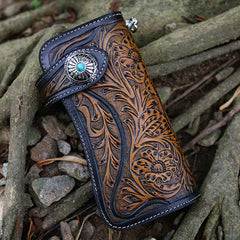 Handmade Tooled Tan Leather Floral Biker Chain Wallet Mens Long Wallet with Chain for Men