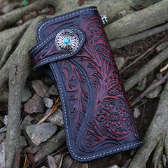 Handmade Tooled Green Leather Floral Biker Chain Wallet Mens Long Wallet with Chain for Men
