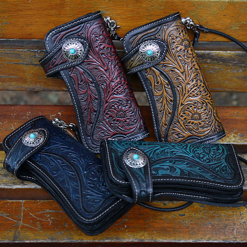 Handmade Tooled Blue Leather Floral Biker Chain Wallet Mens