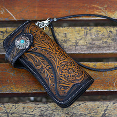 Handmade Tooled Tan Leather Floral Biker Chain Wallet Mens Long Wallet with Chain for Men