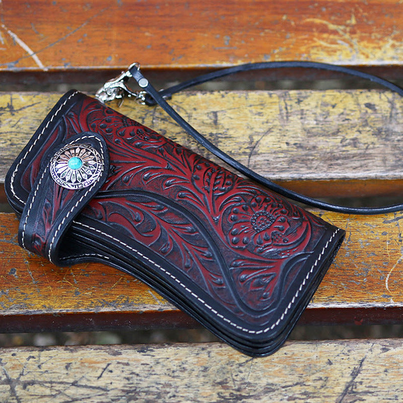 Handmade Tooled Red Leather Floral Biker Chain Wallet Mens Long