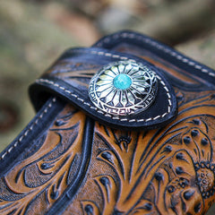 Handmade Tooled Green Leather Floral Biker Chain Wallet Mens Long Wallet with Chain for Men