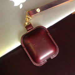 Handmade Wine Red Leather AirPods 1,2 Case with Wristlet Strap Leather AirPods Case Airpod Case Cover - iwalletsmen