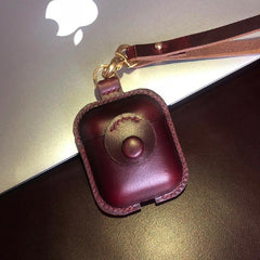Handmade Wine Red Leather AirPods 1,2 Case with Wristlet Strap Leather AirPods Case Airpod Case Cover - iwalletsmen