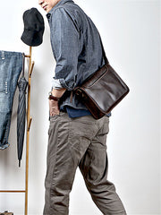 Handmade Dark Coffee Leather Mens 10 inches Courier Bag Brown Messenger Bags Dark Brown Postman Bags For Men - iwalletsmen