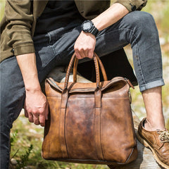 Handmade Genuine Leather Vintage Mens Brown Gray Cool Handbag Briefcase Work Bag Business Bag for men